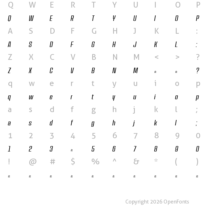 Character Map of FONTSPRING DEMO - House Sans Condensed Light Italic