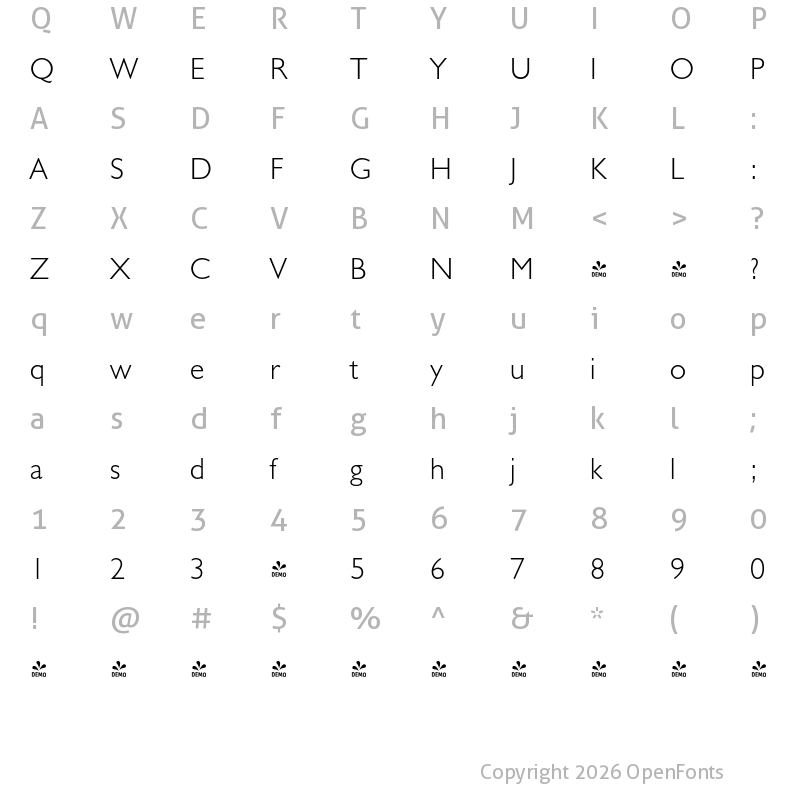 Character Map of FONTSPRING DEMO - Humanist 521 BT Light Regular