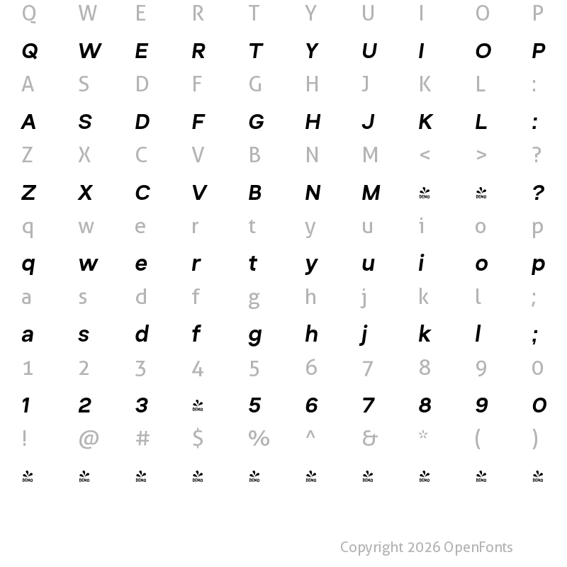 Character Map of FONTSPRING DEMO - Humber Bold Italic