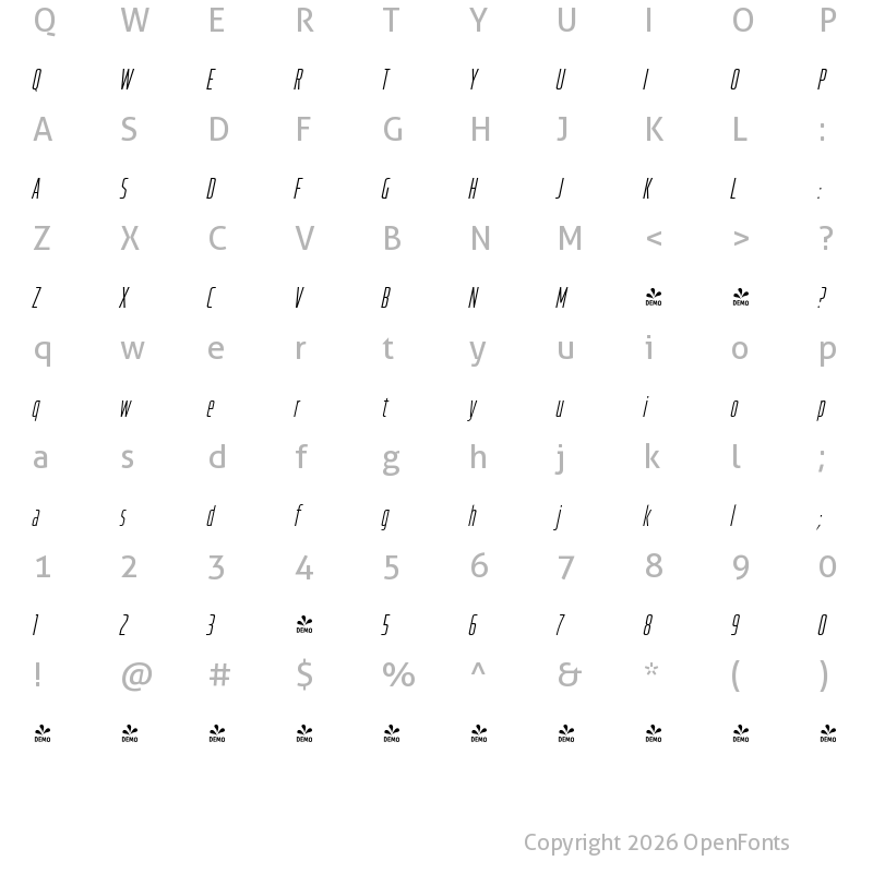 Character Map of FONTSPRING DEMO - Hyperspace Race CompressedLight Italic