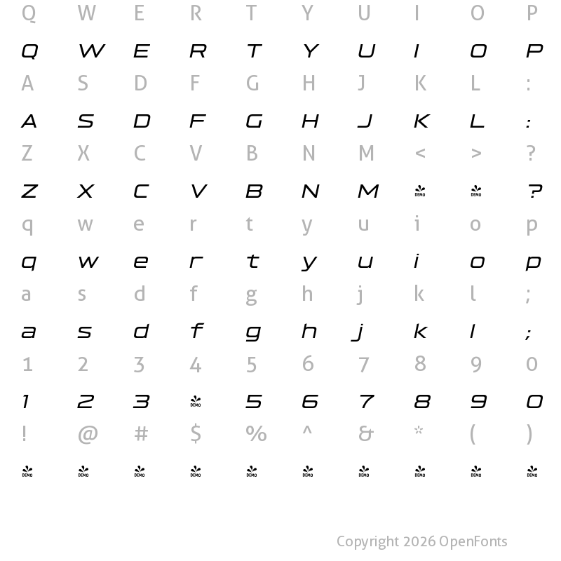 Character Map of FONTSPRING DEMO - Hyperspace Race Expanded Italic
