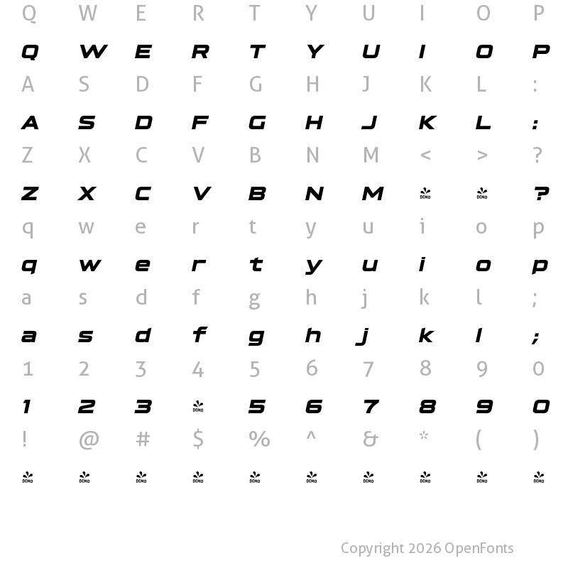 Character Map of FONTSPRING DEMO - Hyperspace Race Expanded Light Bold Italic