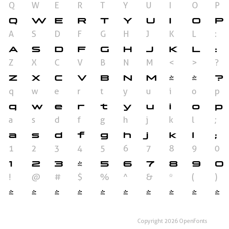 Character Map of FONTSPRING DEMO - Hyperspace Race Extended Bold