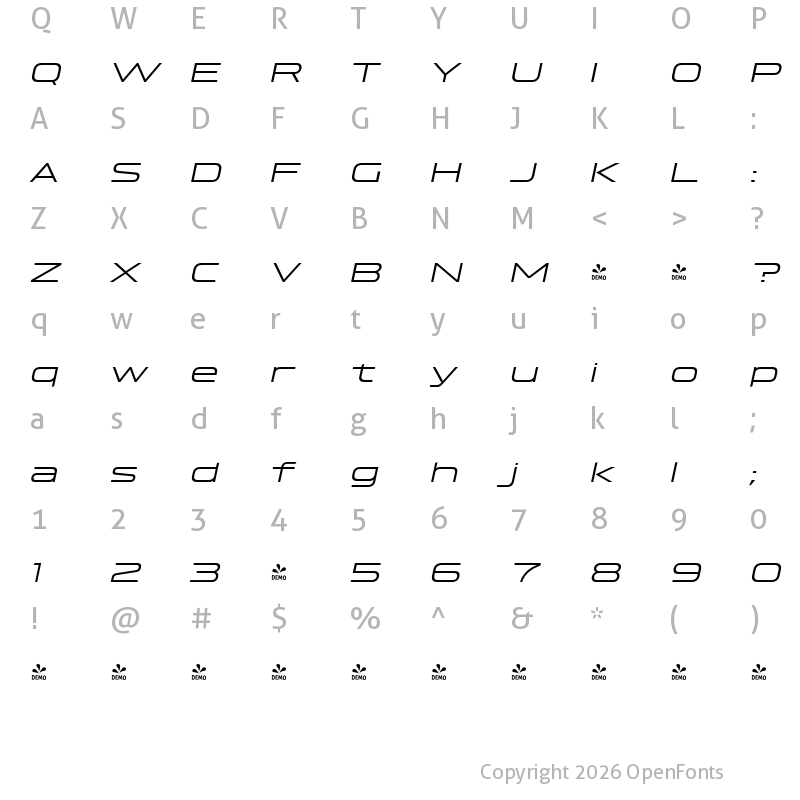 Character Map of FONTSPRING DEMO - Hyperspace Race Extended Light Italic