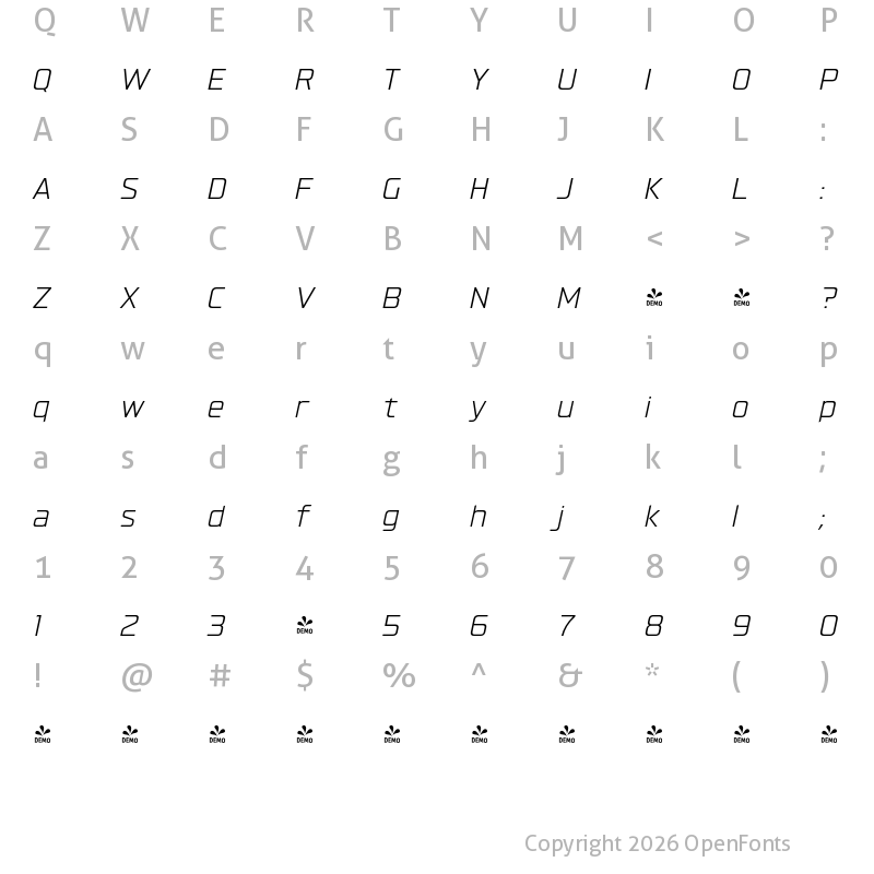 Character Map of FONTSPRING DEMO - Hyperspace Race Light Italic