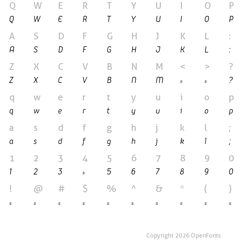 Character Map of FONTSPRING DEMO - Iconic Italic