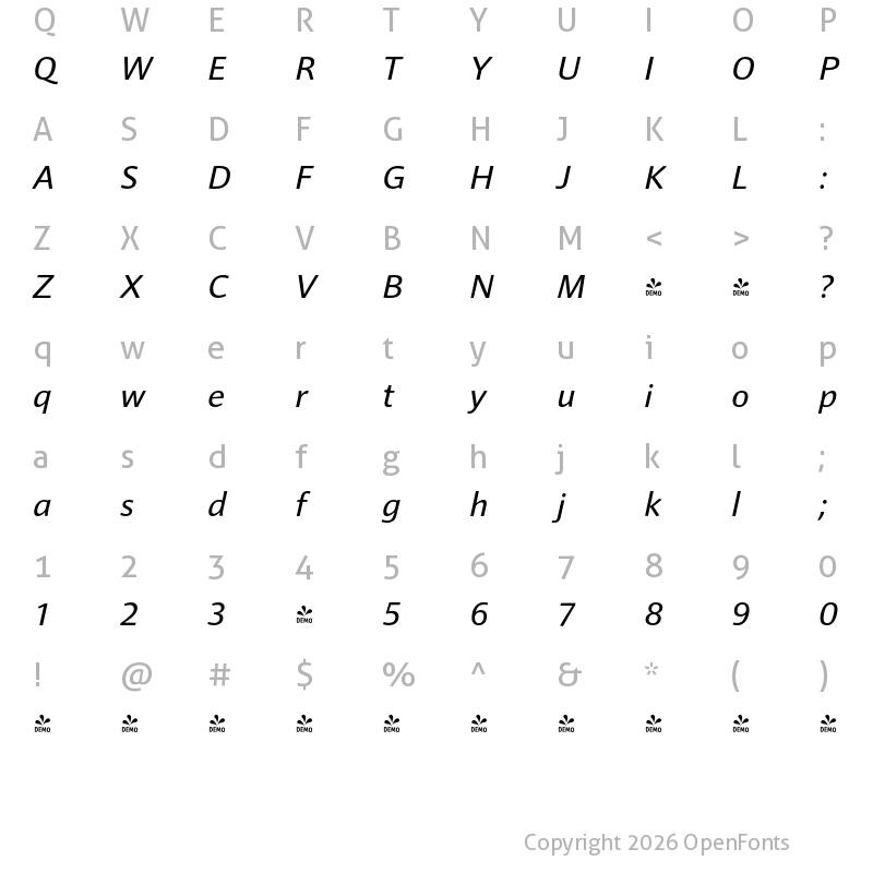 Character Map of FONTSPRING DEMO - Impara-Italic Regular