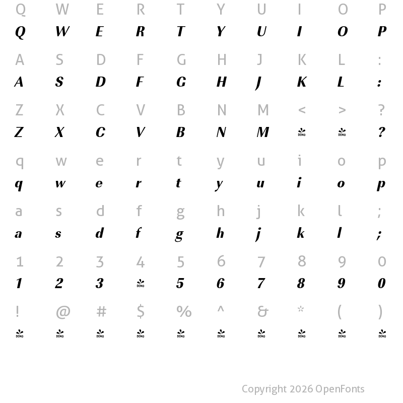 Character Map of FONTSPRING DEMO - ImperialURWExtNarExtBol Italic