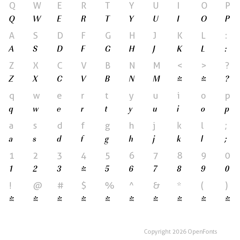 Character Map of FONTSPRING DEMO - ImperialURWExtNarMed Italic
