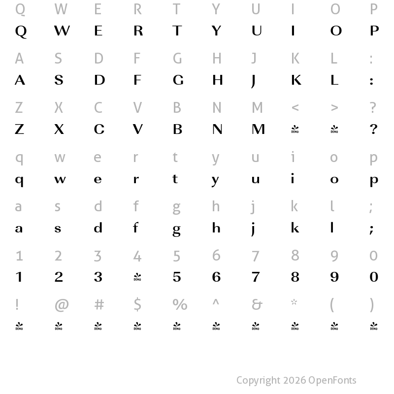 Character Map of FONTSPRING DEMO - ImperialURWExtWid Bold