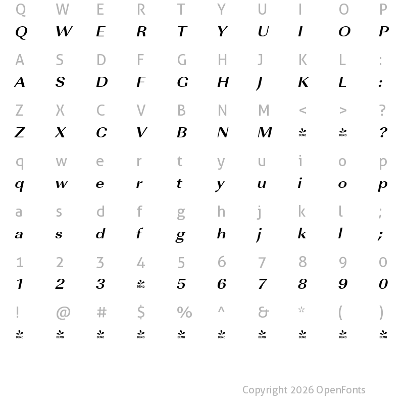Character Map of FONTSPRING DEMO - ImperialURWExtWid Bold Italic