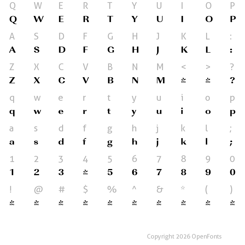 Character Map of FONTSPRING DEMO - ImperialURWExtWidExtBol Regular