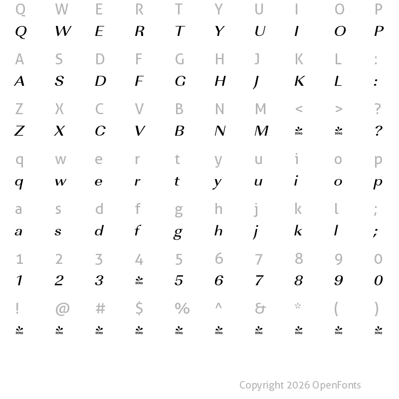 Character Map of FONTSPRING DEMO - ImperialURWExtWidMed Italic