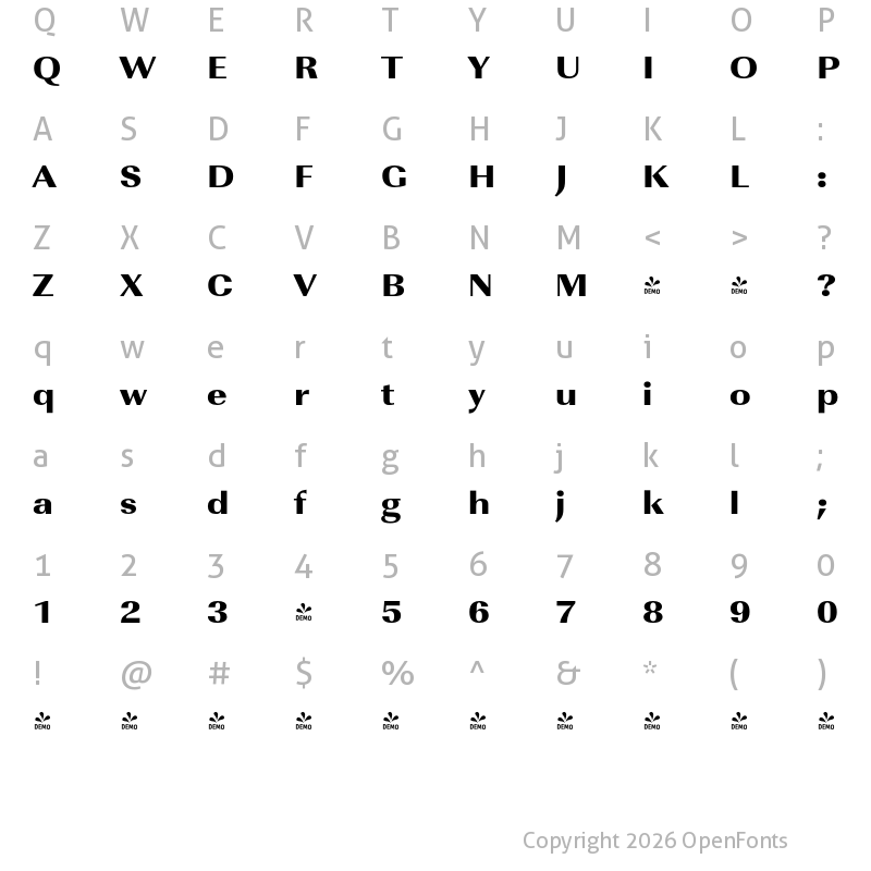 Character Map of FONTSPRING DEMO - ImperialURWExtWidUltBol Regular