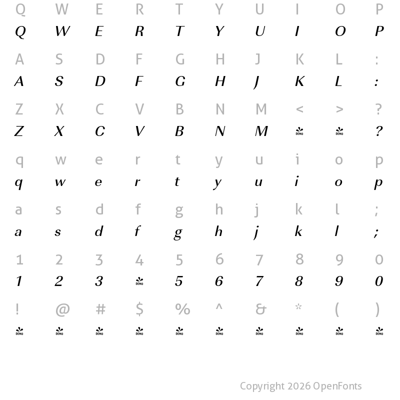 Character Map of FONTSPRING DEMO - ImperialURWMed Italic