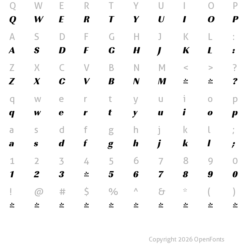 Character Map of FONTSPRING DEMO - ImperialURWNarUltBol Italic