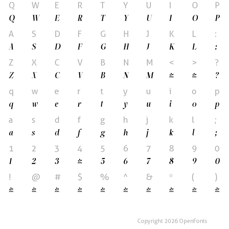Character Map of FONTSPRING DEMO - Incognia Ita Bold Italic