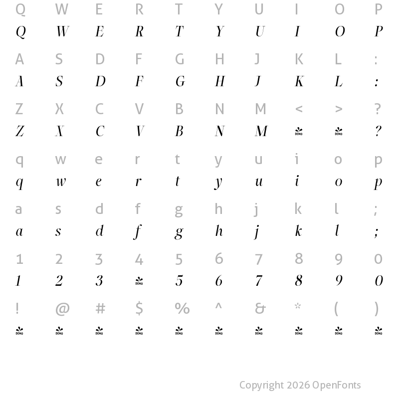 Character Map of FONTSPRING DEMO - Incognia SemBd Ita Italic
