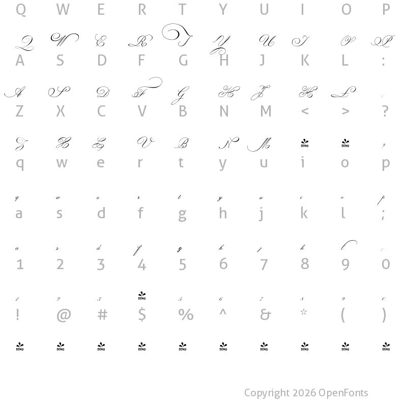 Character Map of FONTSPRING DEMO - IndentureEnglishPenman Regular