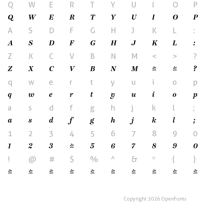 Character Map of FONTSPRING DEMO - Ingeborg Bold Italic