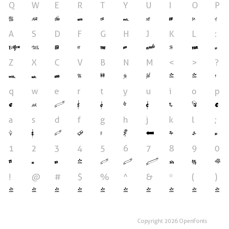 Character Map of FONTSPRING DEMO - Inkston Extras Regular