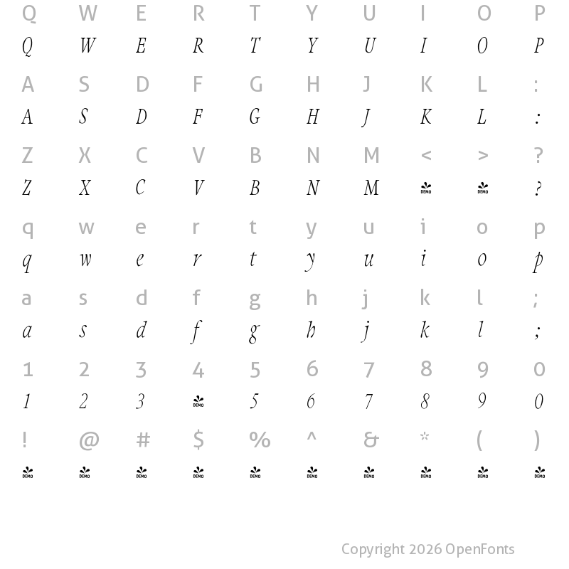 Character Map of FONTSPRING DEMO - Integrity JY Pro Italic