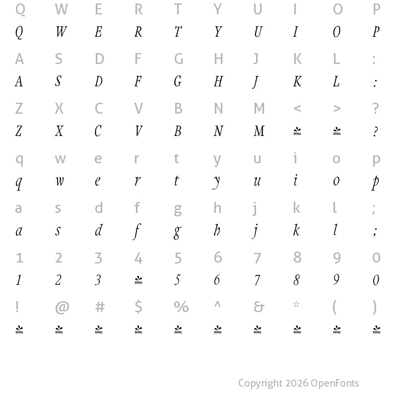 Character Map of FONTSPRING DEMO - Integrity JY Pro Medium Medium Italic