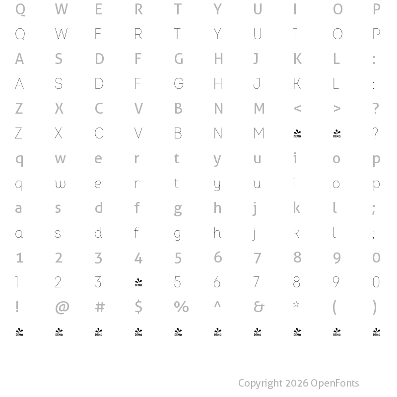 Character Map of FONTSPRING DEMO - Intro Cond Thin Alt Regular