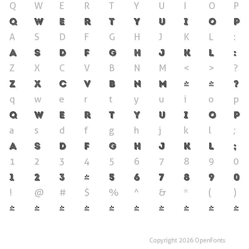 Character Map of FONTSPRING DEMO - Intro Rust H1 Base 2 Line Shade Regular