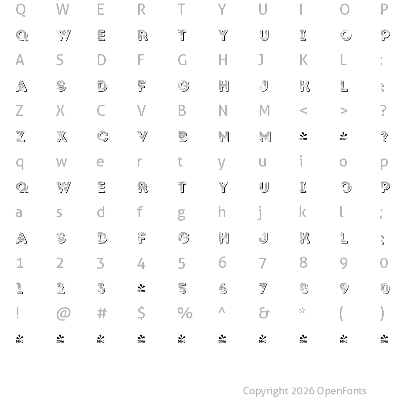 Character Map of FONTSPRING DEMO - Intro Rust L Fill Shade Regular