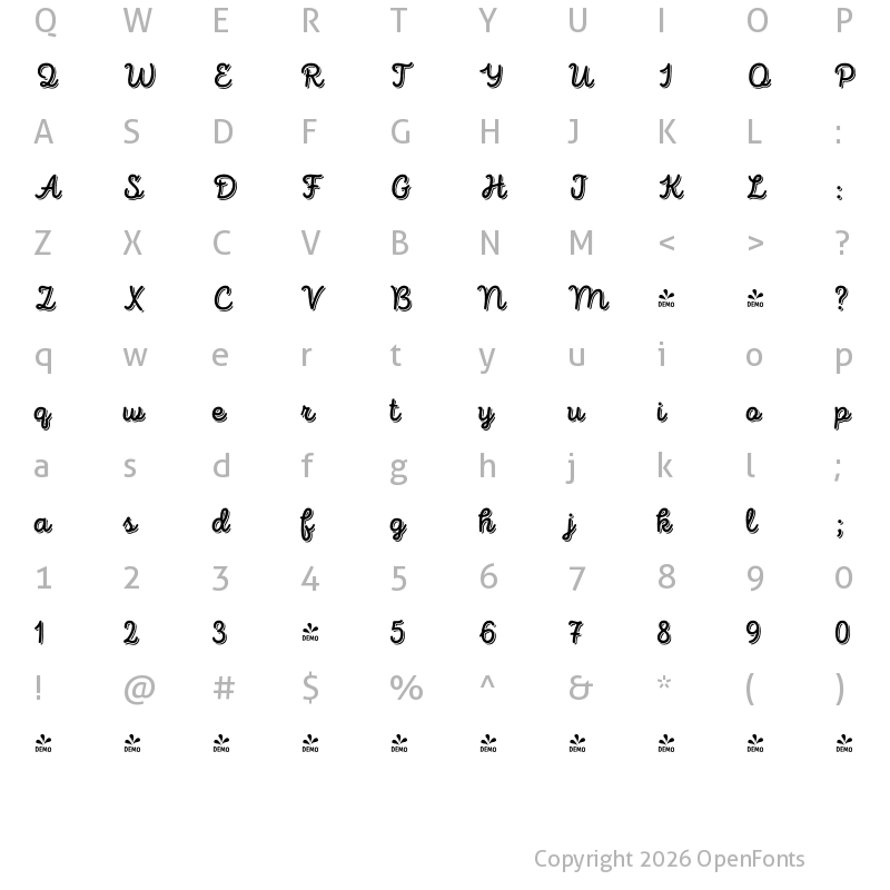 Character Map of FONTSPRING DEMO - Intro Script B Base Shade Regular