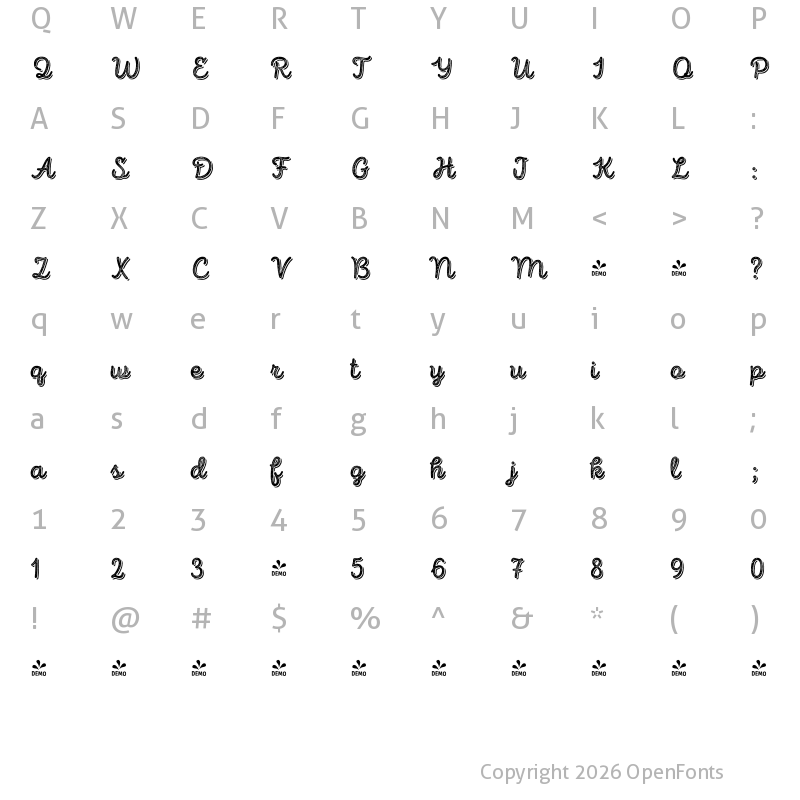 Character Map of FONTSPRING DEMO - Intro Script B L Base Shade Regular