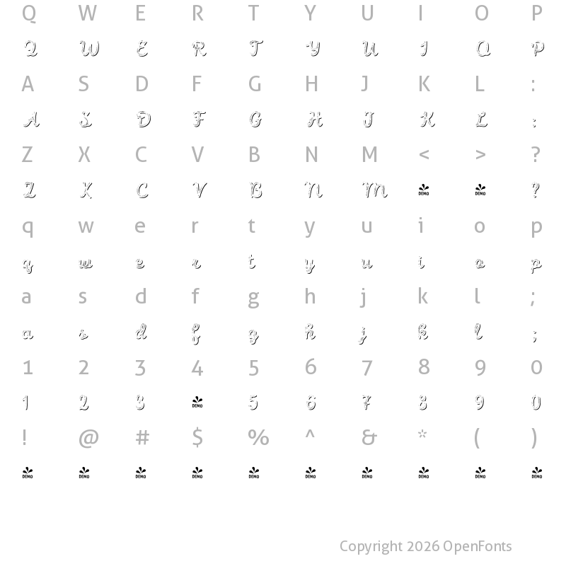 Character Map of FONTSPRING DEMO - Intro Script B L Shade Regular