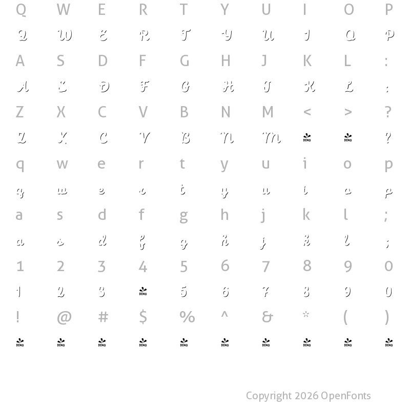 Character Map of FONTSPRING DEMO - Intro Script B Shade Regular