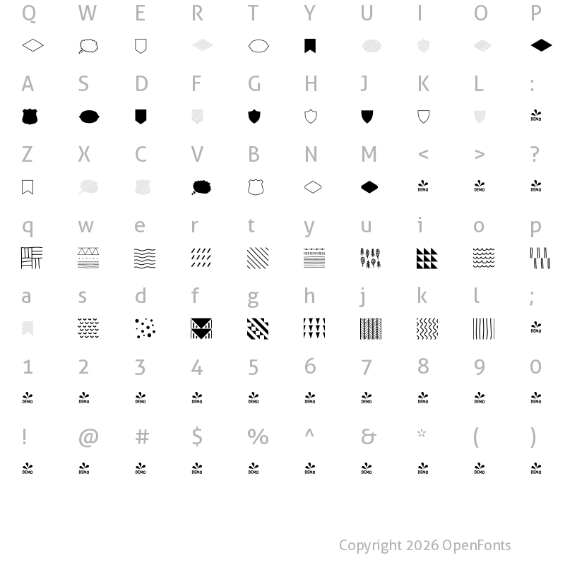 Character Map of FONTSPRING DEMO - Intro Script Goodies Patterns Regular