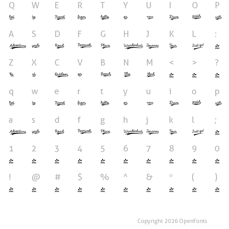 Character Map of FONTSPRING DEMO - Intro Script Goodies Words Regular