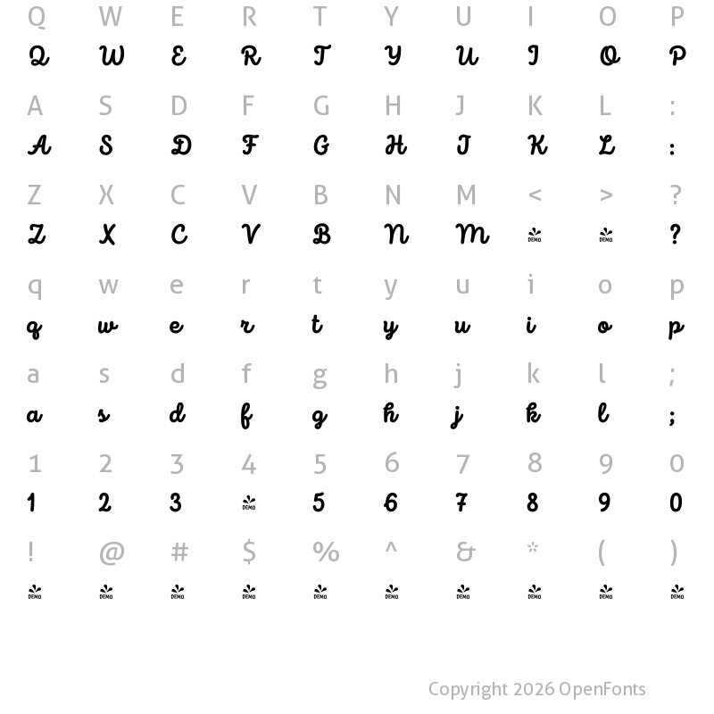 Character Map of FONTSPRING DEMO - Intro Script Heavy Regular