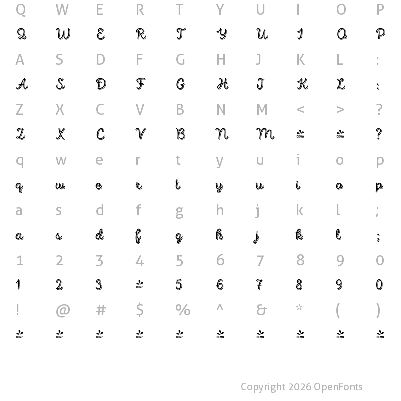 Character Map of FONTSPRING DEMO - Intro Script R Base Shade Regular