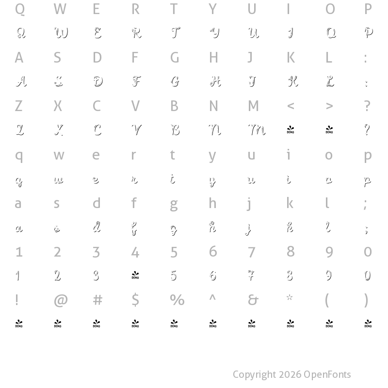 Character Map of FONTSPRING DEMO - Intro Script R G Shade Regular