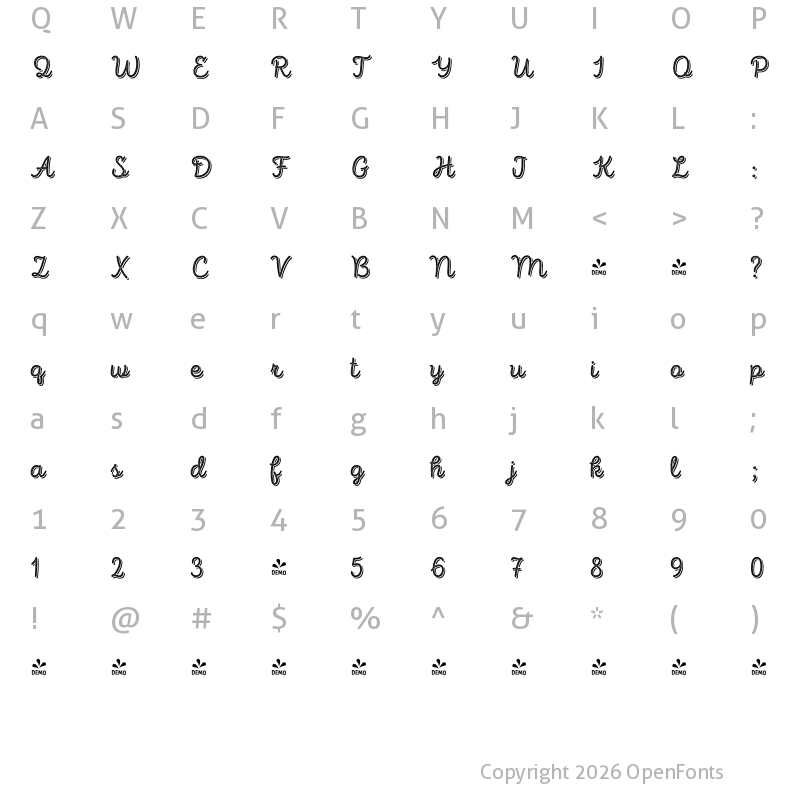 Character Map of FONTSPRING DEMO - Intro Script R H1 Base Shade Regular