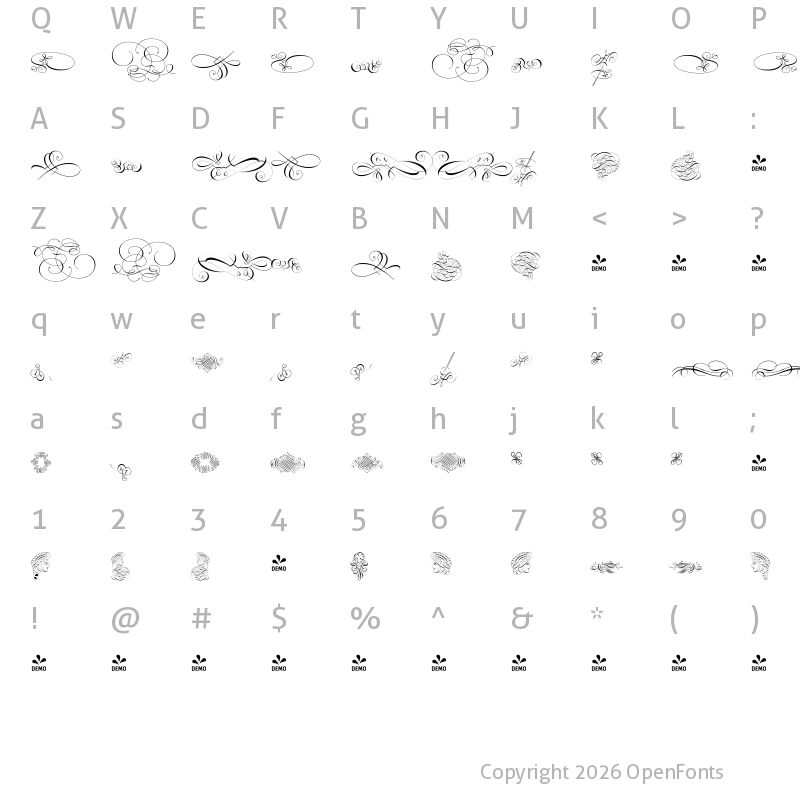 Character Map of FONTSPRING DEMO - Invitation Script Ornaments Regular