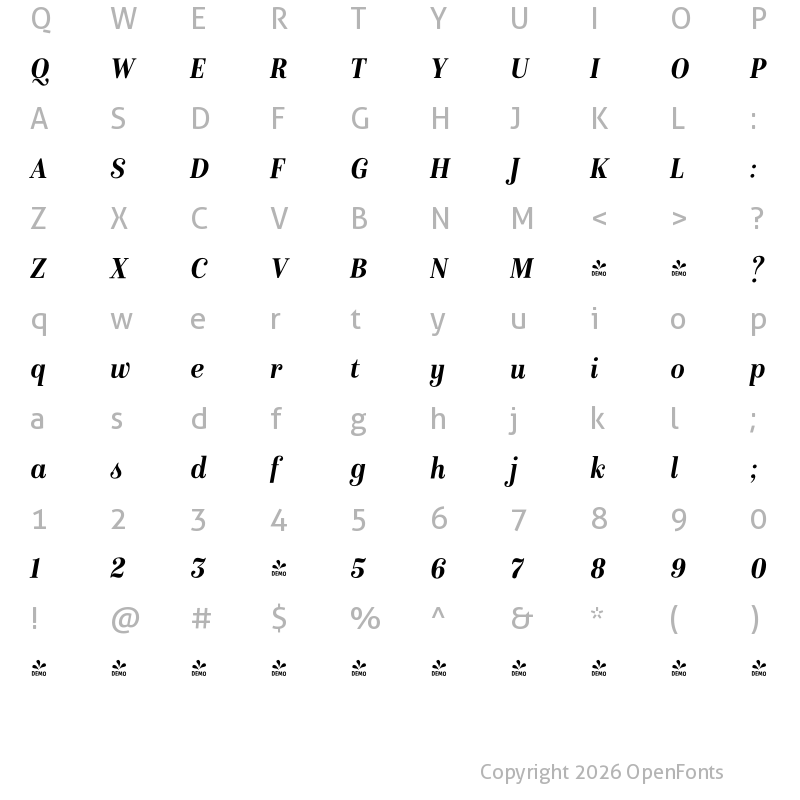 Character Map of FONTSPRING DEMO - Isabel SemiCondensed Bold Italic