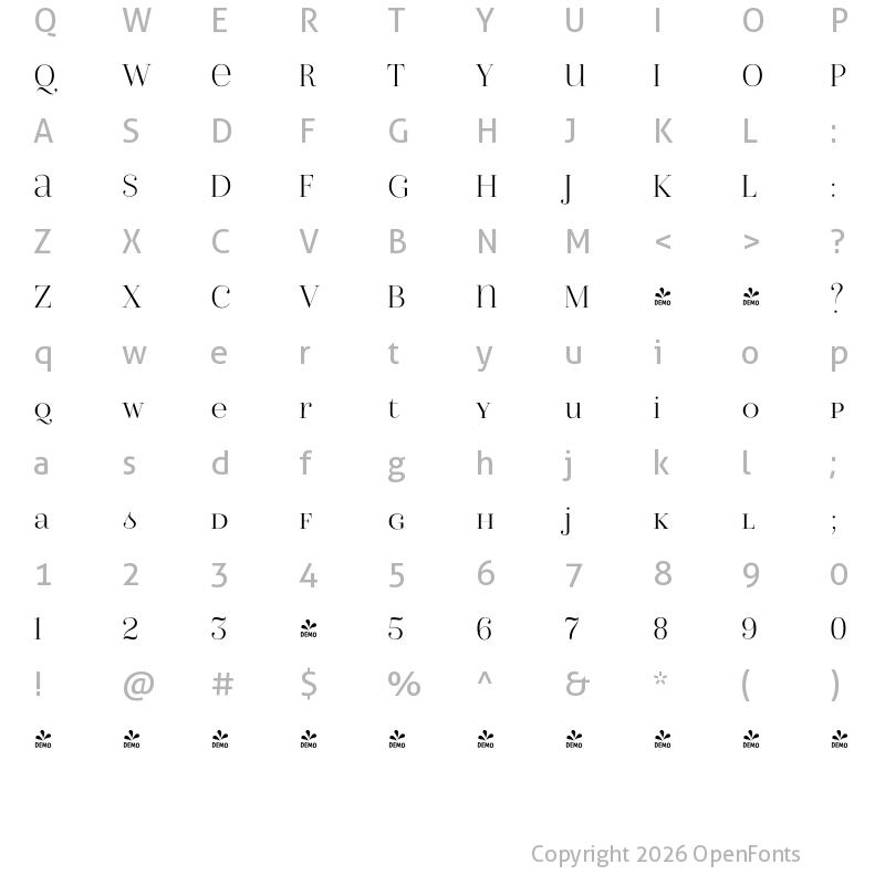 Character Map of FONTSPRING DEMO - Isabel Unicase Thin Regular