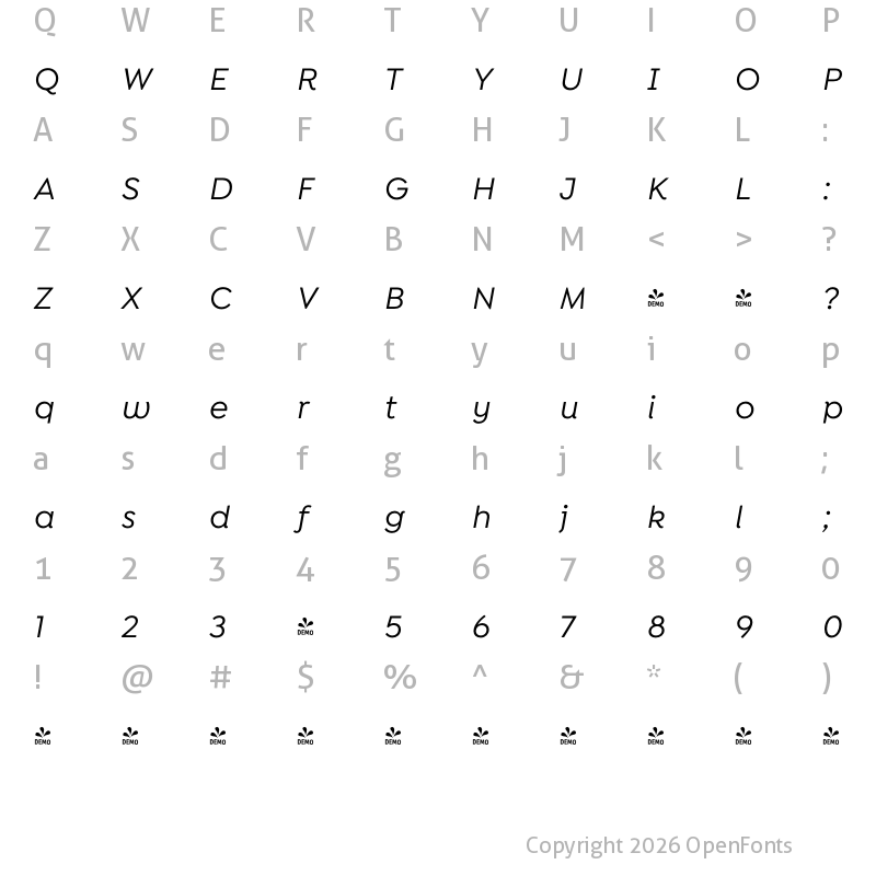 Character Map of FONTSPRING DEMO - Isidora Sans Alt Medium It Regular