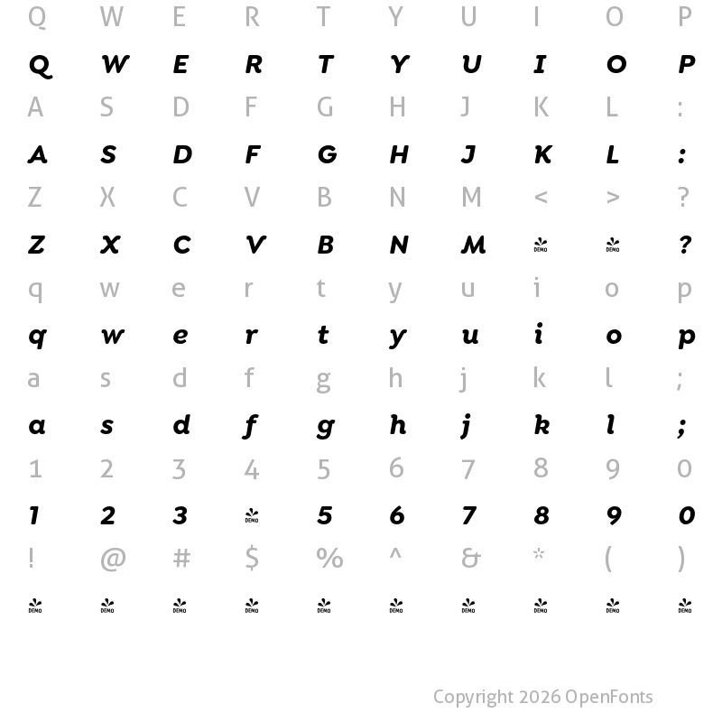 Character Map of FONTSPRING DEMO - Isidora Soft Alt Bold It Regular