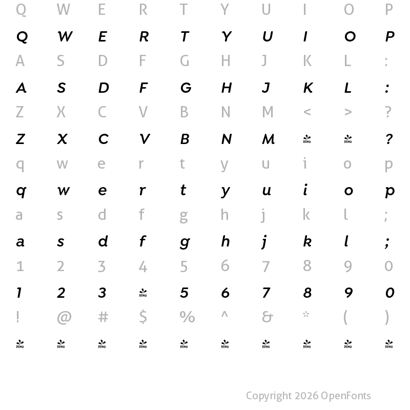 Character Map of FONTSPRING DEMO - Isidora Soft SemiBold It Regular