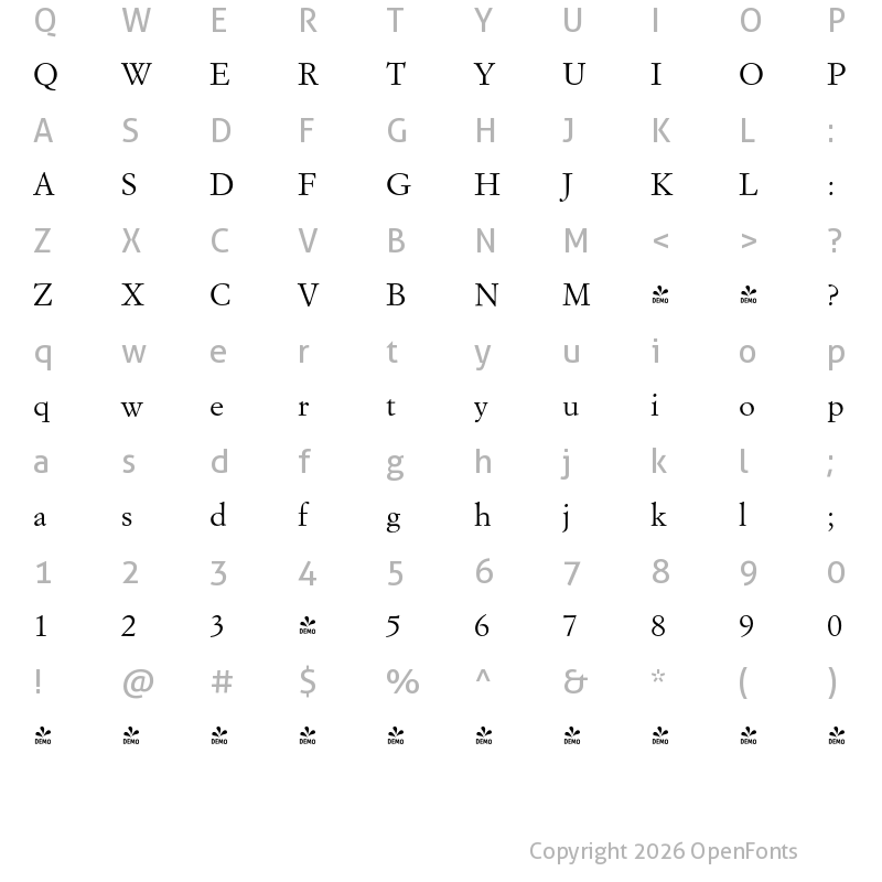 Character Map of FONTSPRING DEMO - Italian Garamond Pro Regular