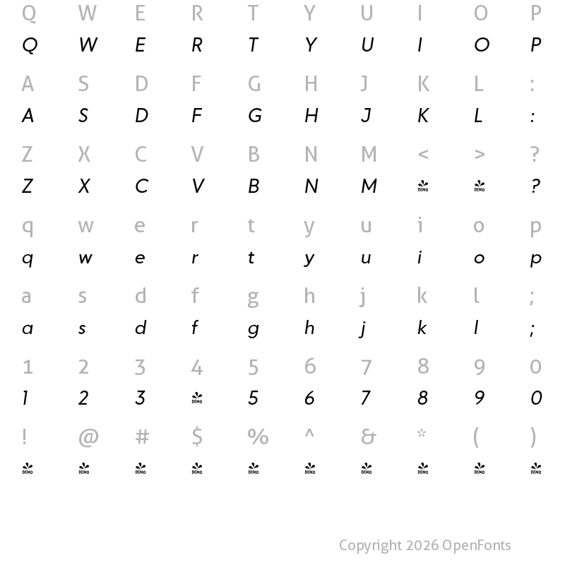 Character Map of FONTSPRING DEMO - Italic Italic