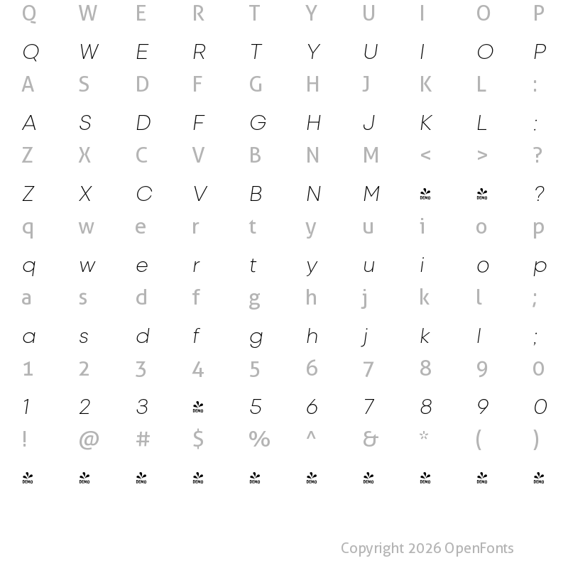 Character Map of FONTSPRING DEMO - Izmir-ExtralightItalic Italic