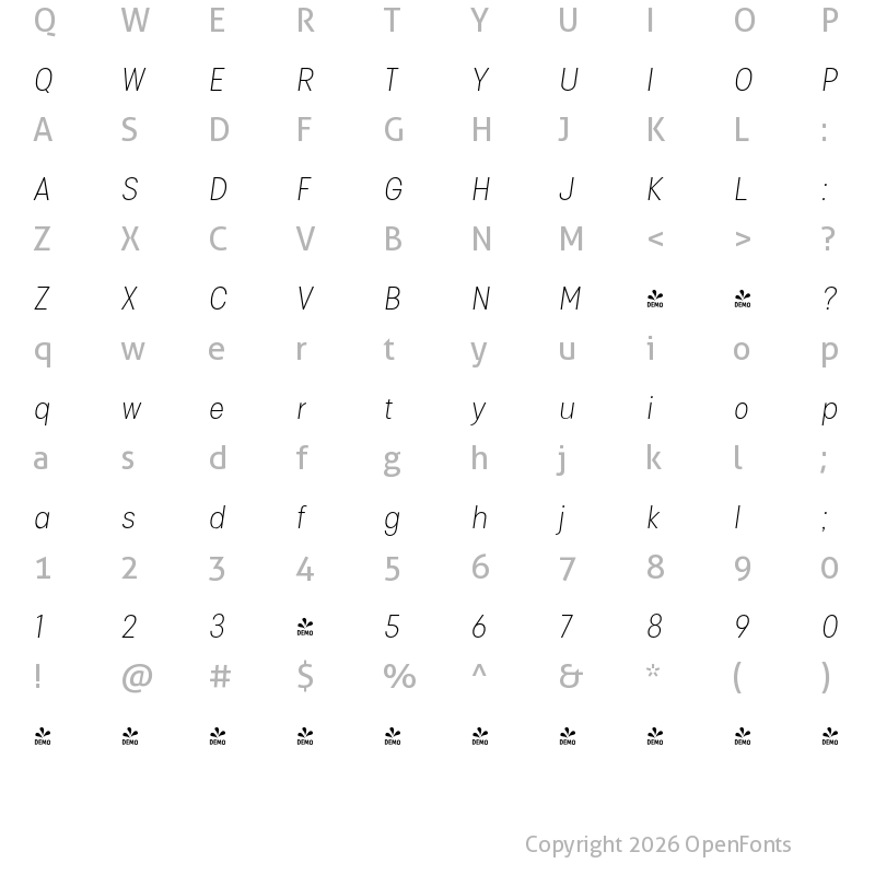 Character Map of FONTSPRING DEMO - IzmirNarrow-ExtralightItalic Italic